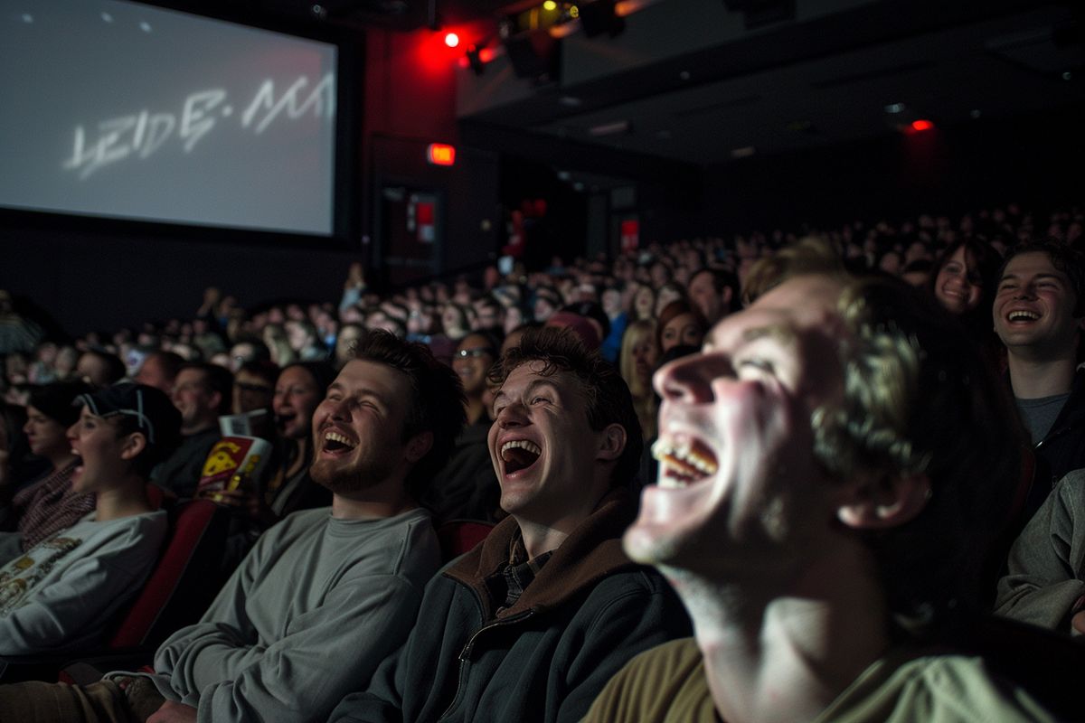 Crowded movie theater showing Evil Dead with people laughing.