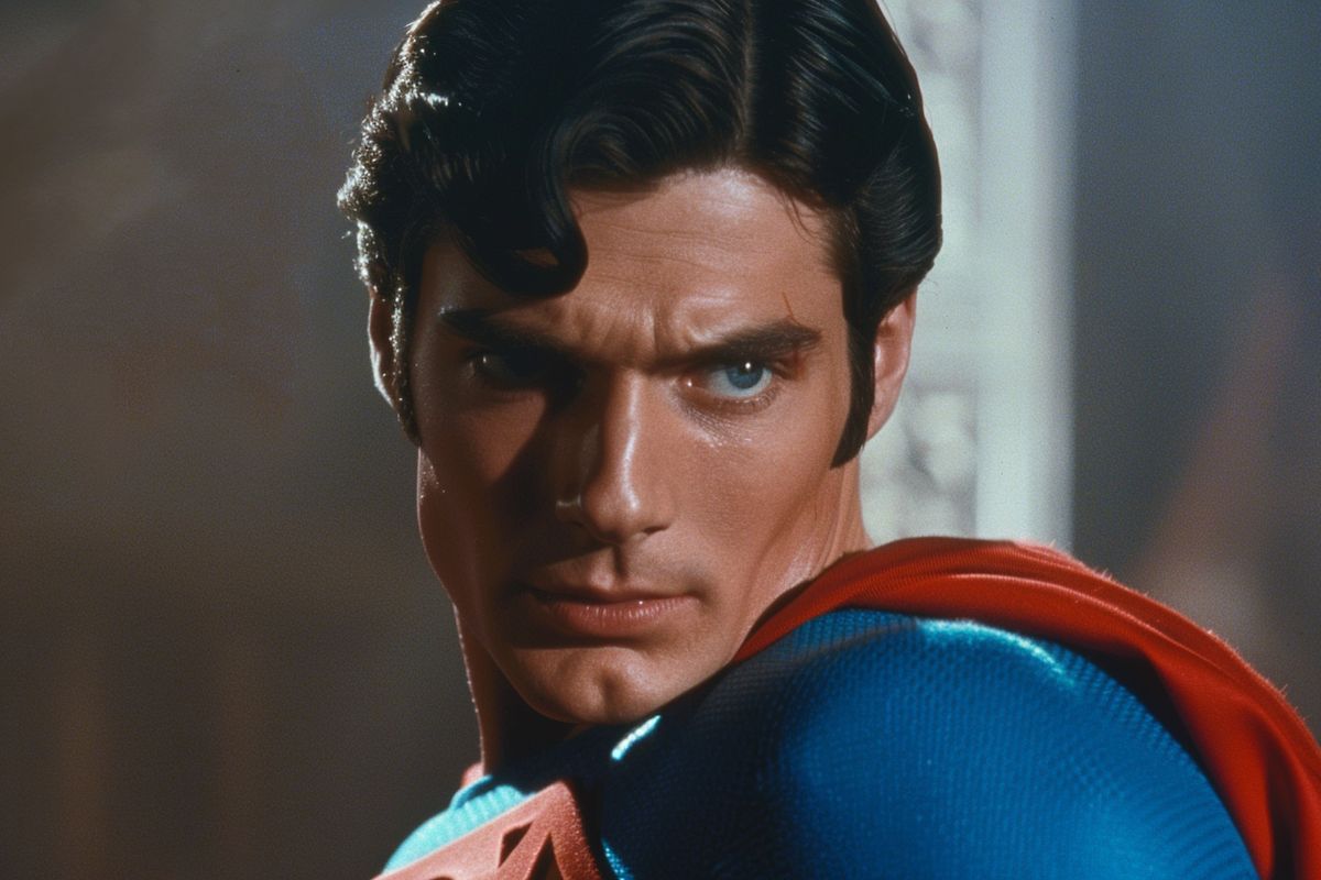 Closeup on Christopher Reeve's iconic portrayal of Superman in Superman III.
