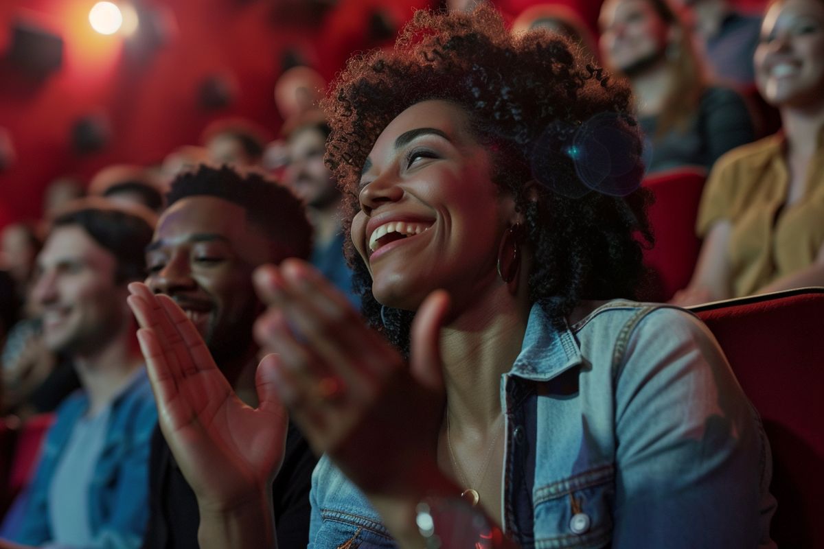 Audience cheering and clapping at the end of a movie screening.