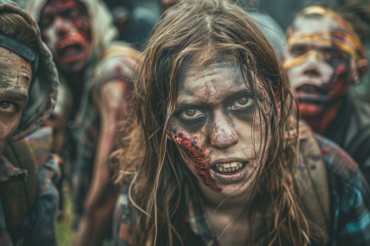 Closeup of a group of actors portraying zombies with a humorous twist.