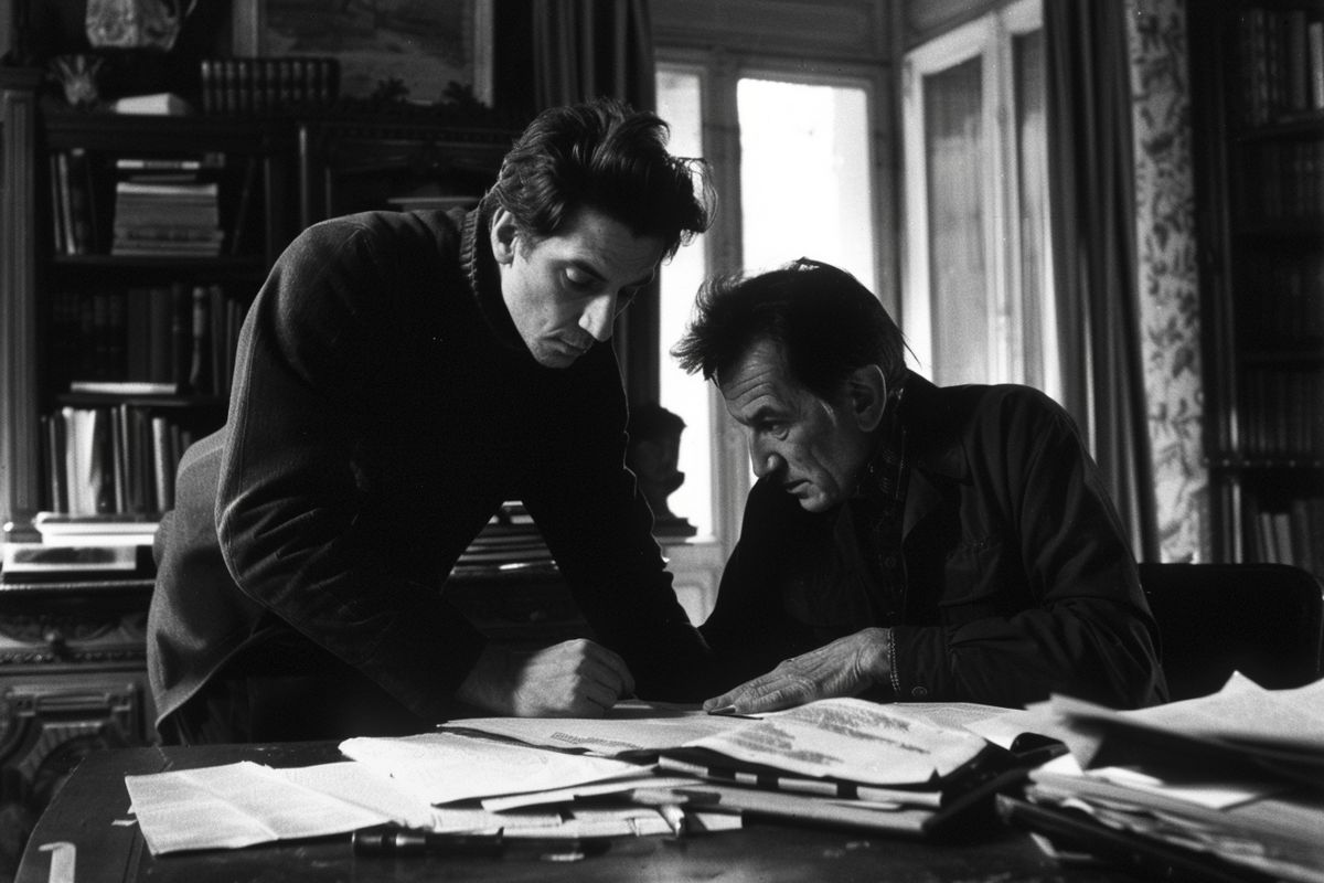 Alain Delon studying his character's psychology with director Jacques Deray.