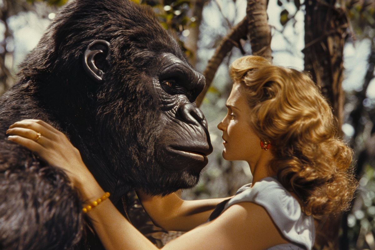 Ann Darrow forming a protective bond with King Kong on Skull Island.