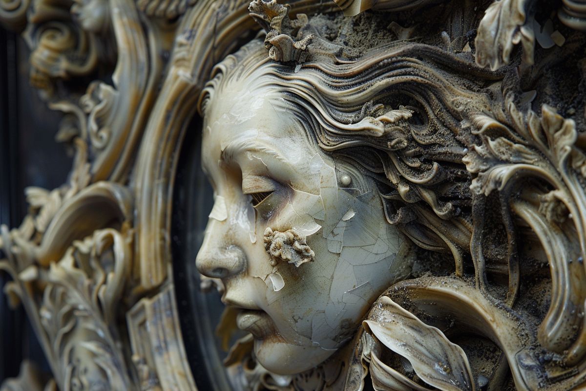 Detailed shot of a mirror reflecting the complex and twisted psyche.