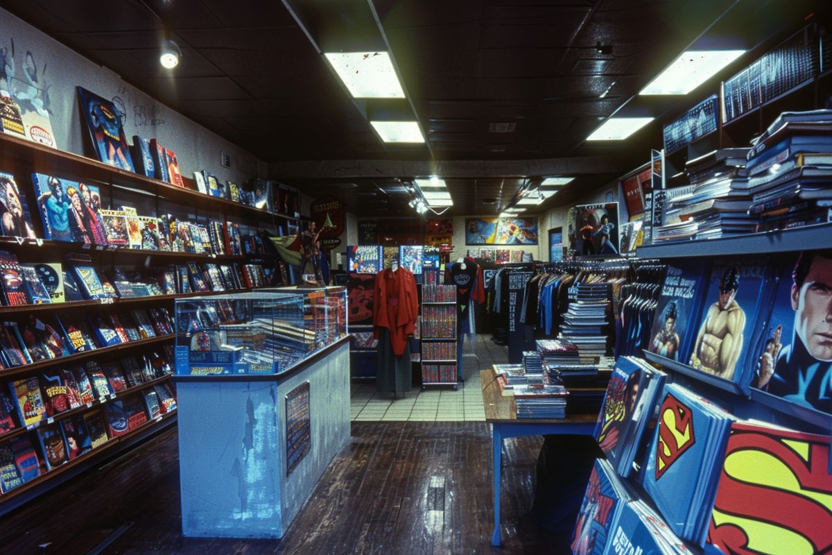 Superman III soundtrack playing in the background of a comic book store.