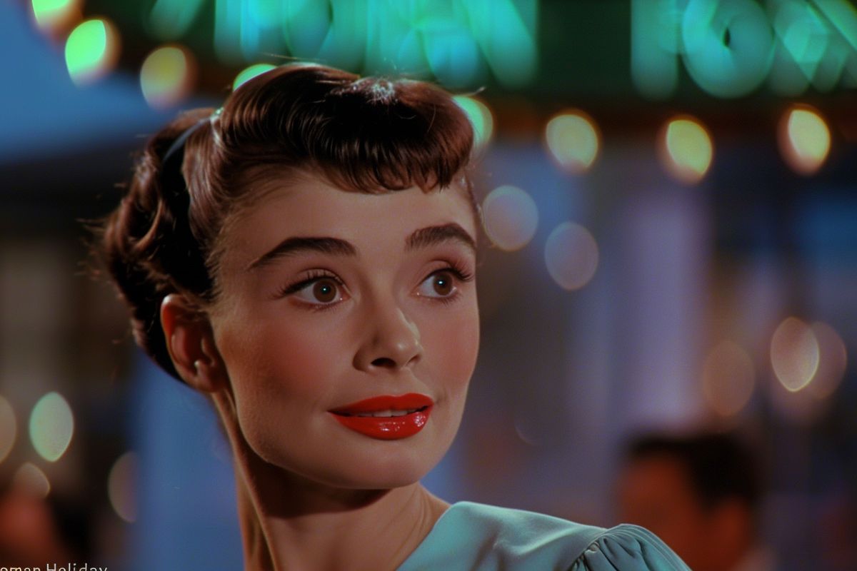 Closeup of Audrey Hepburn exuding grace and charm in 