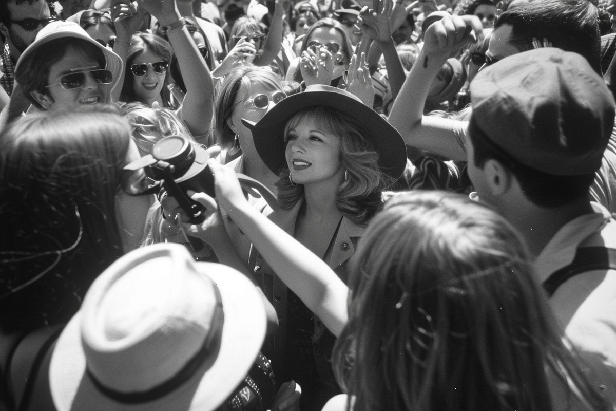 Barbra Streisand surrounded by adoring fans at a Hollywood Walk of Fame ceremony.