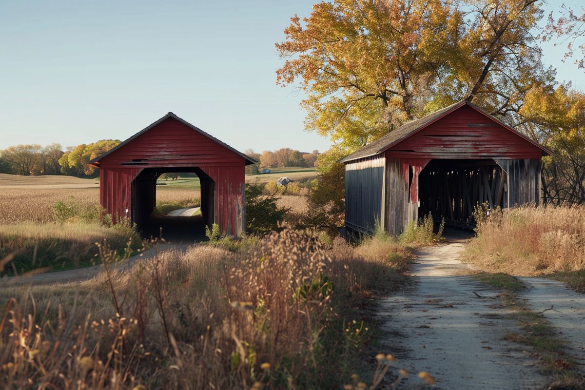 Wide shot of the picturesque covered bridges of Madison County, Iowa.