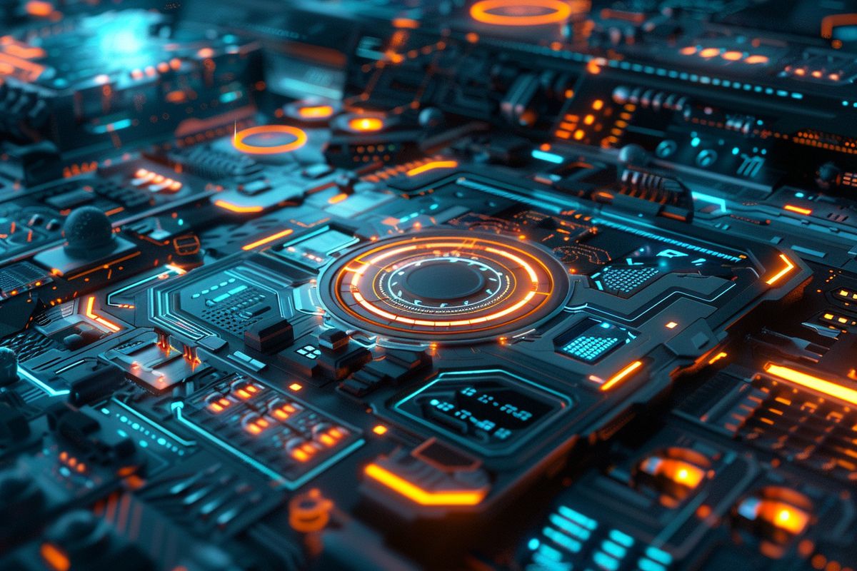 Closeup of computergenerated graphics showcasing the futuristic world of Tron.