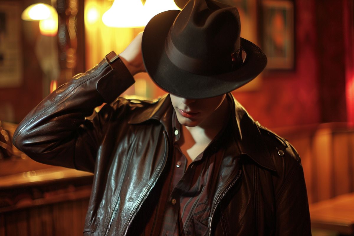 Dressing up in a fedora and leather jacket for a themed party.