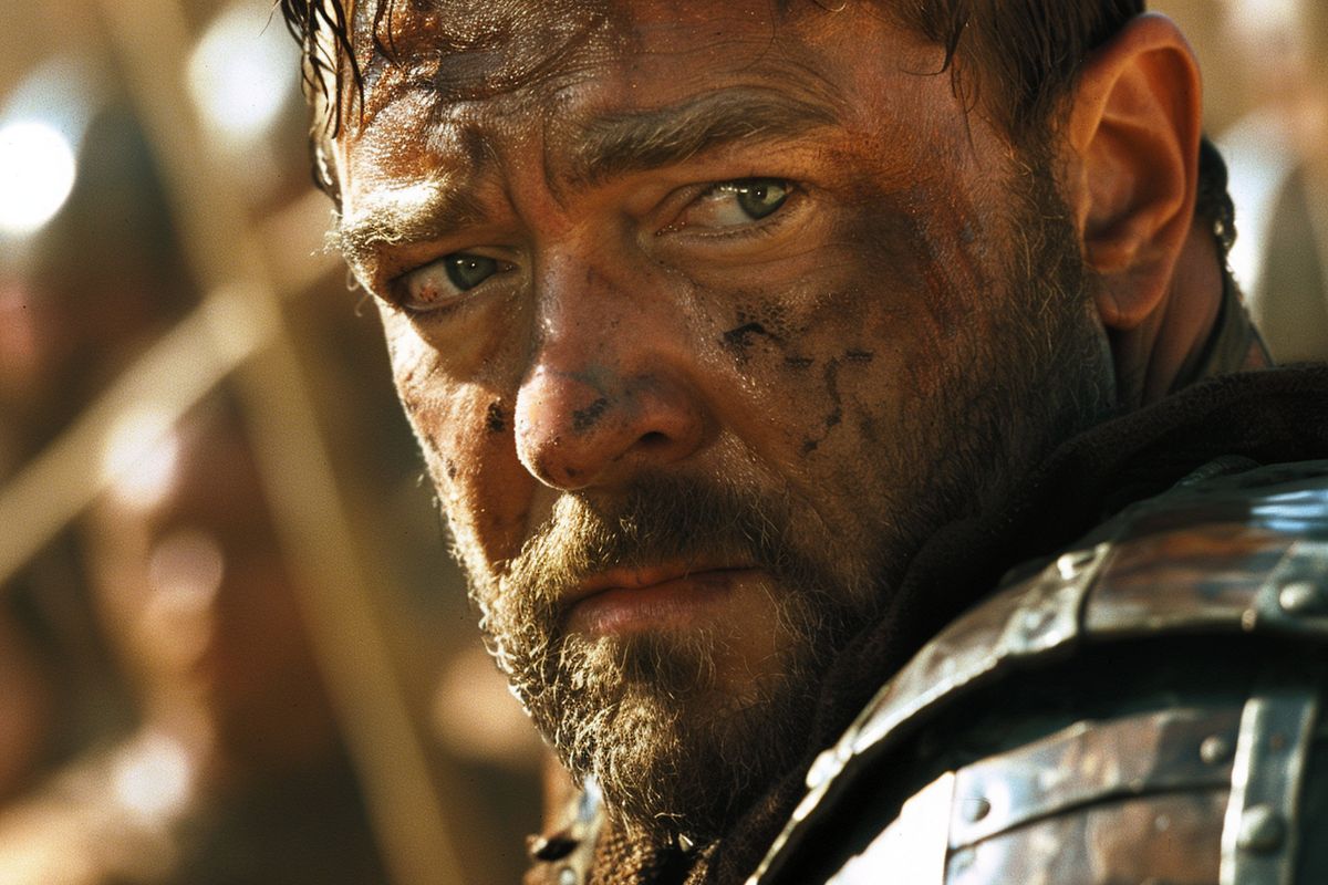Closeup of Russell Crowe's intense expression as he prepares for combat.