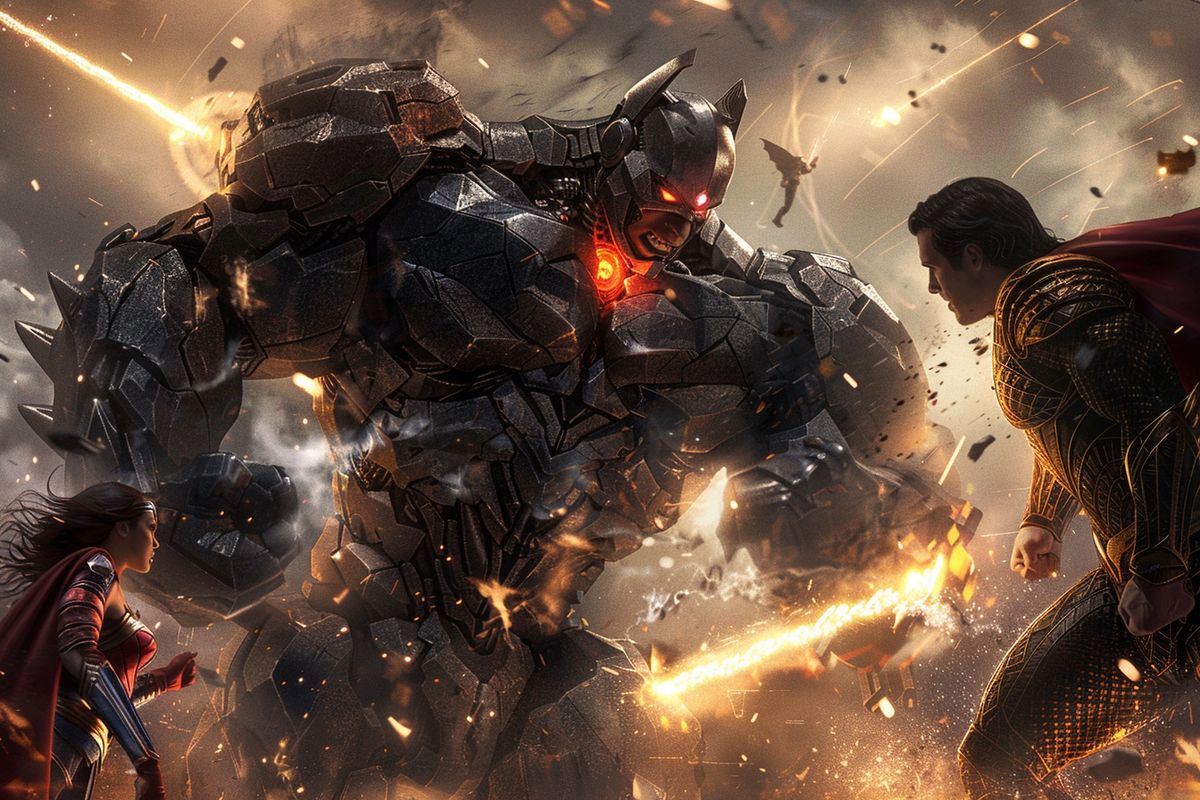 Dynamic image of the Justice League facing off against Darkseid.