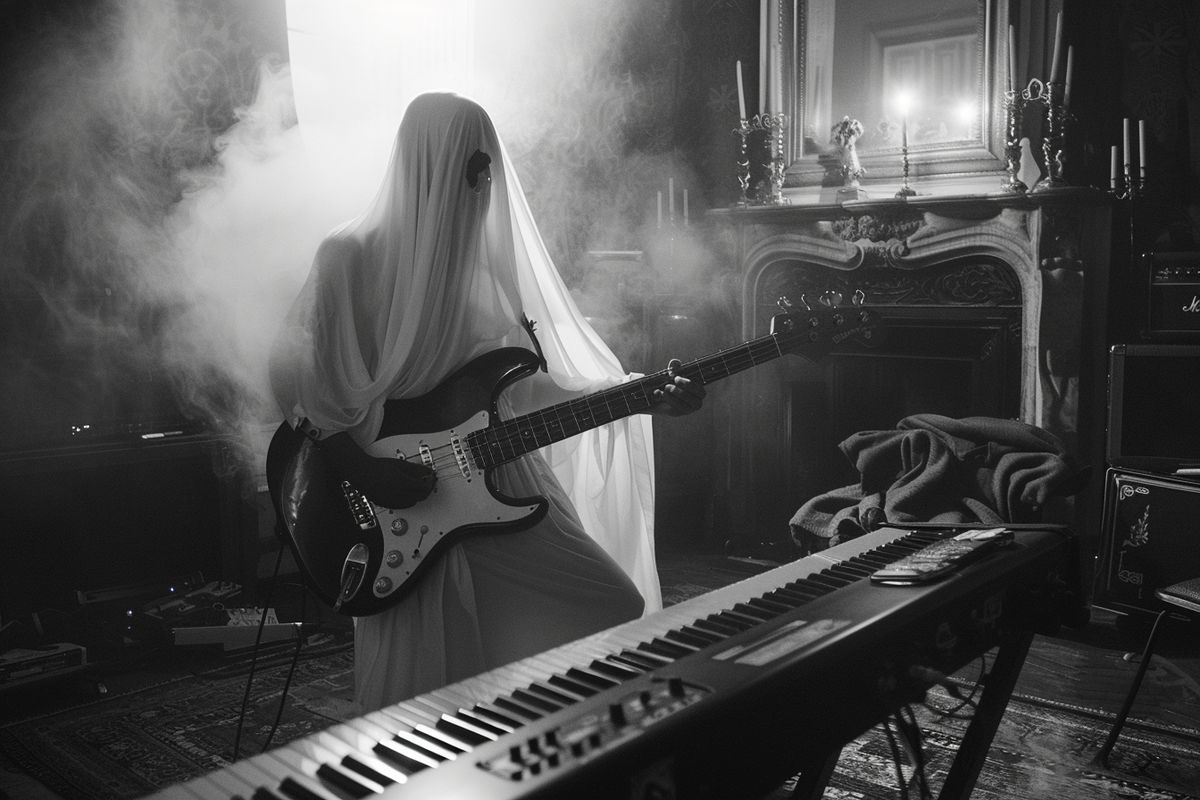 Dramatic shot of a ghost seeking revenge in the music industry.