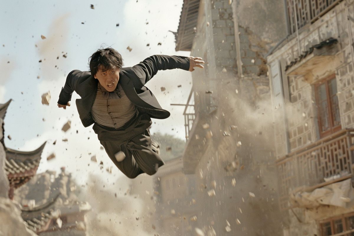 Jackie Chan performing his own stunts, adding authenticity to his action scenes.