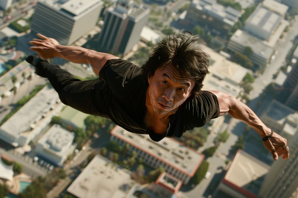 Jackie Chan performing a highflying martial arts stunt in Hollywood.