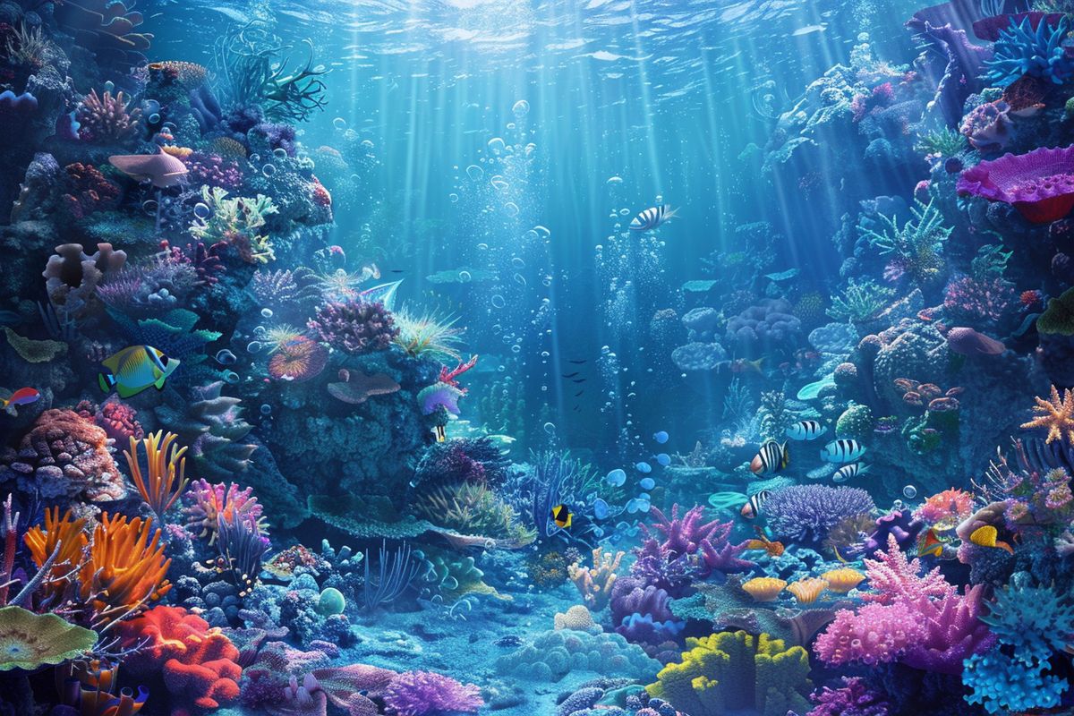 Underwater kingdom of King Triton, with colorful coral reefs and sea creatures.