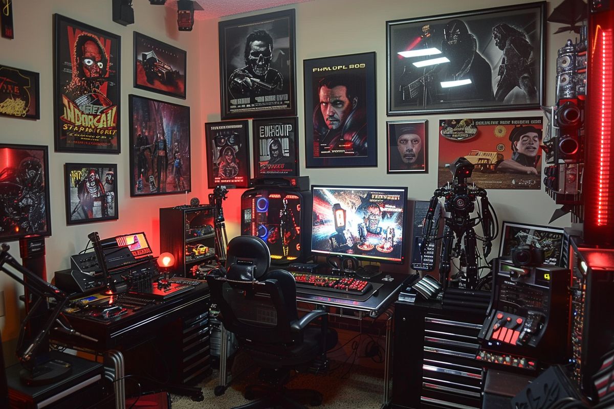 Collection of Terminator memorabilia and merchandise displayed in a collector's room.