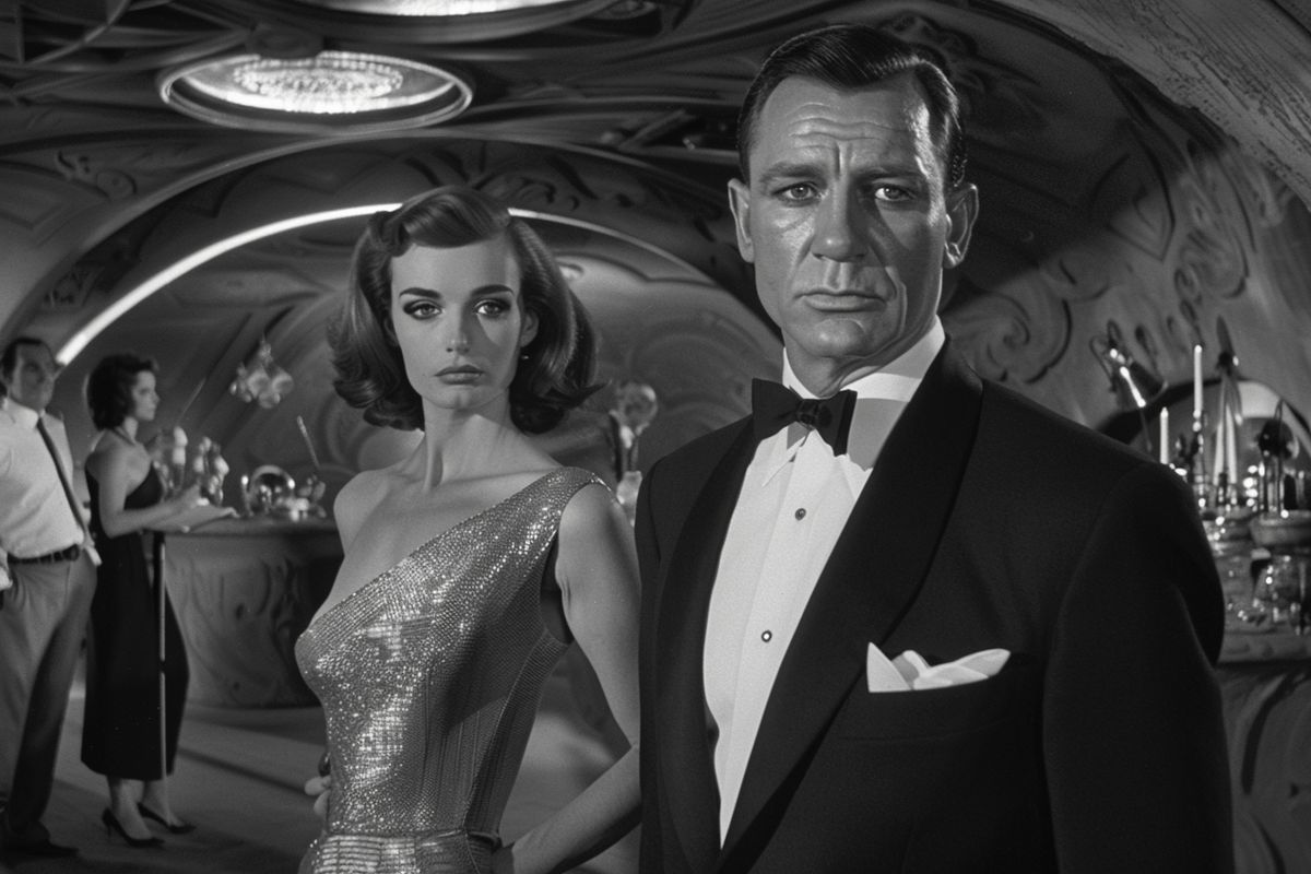 Bond in a luxurious setting, surrounded by hightech gadgets and beautiful women.