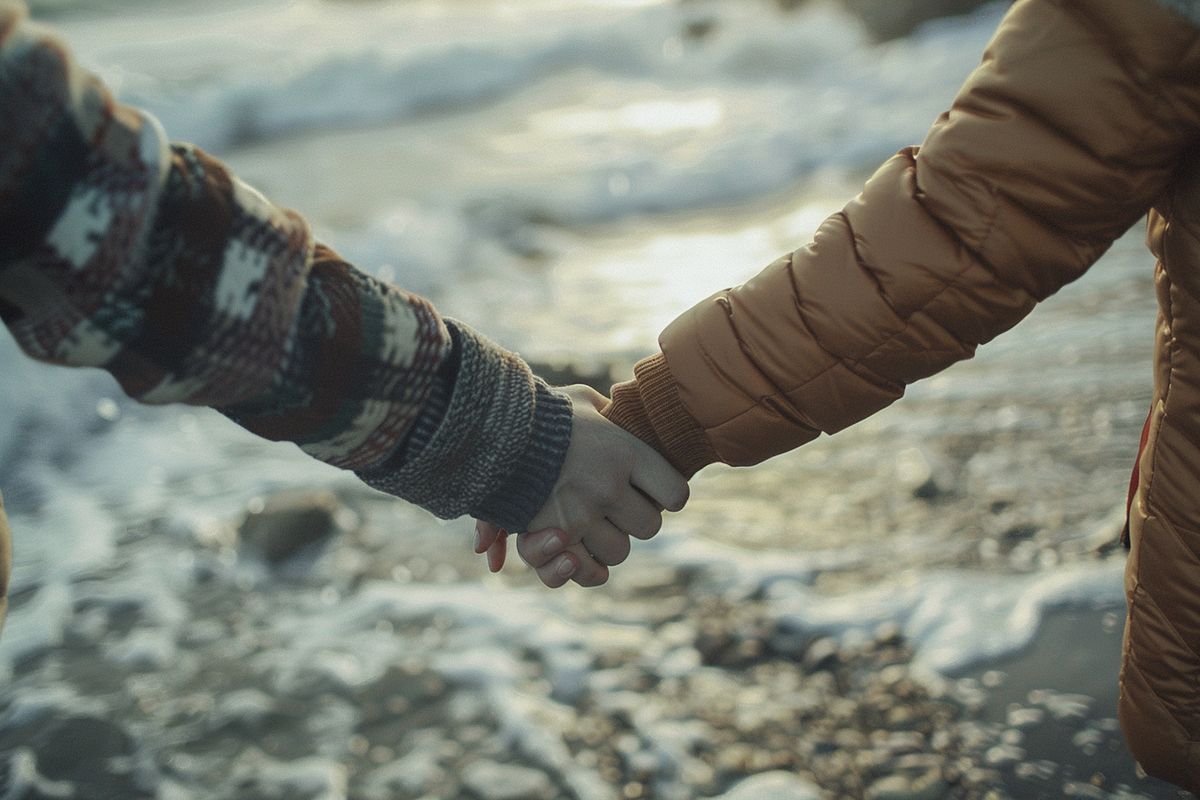 Closeup of hands intertwined as they walk along the coastline.