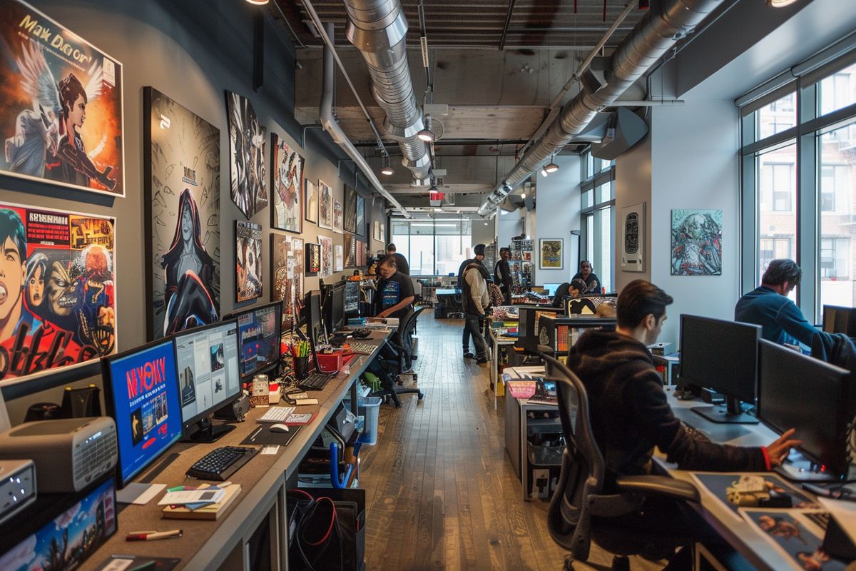 DC Comics headquarters in New York City, bustling with creative energy.