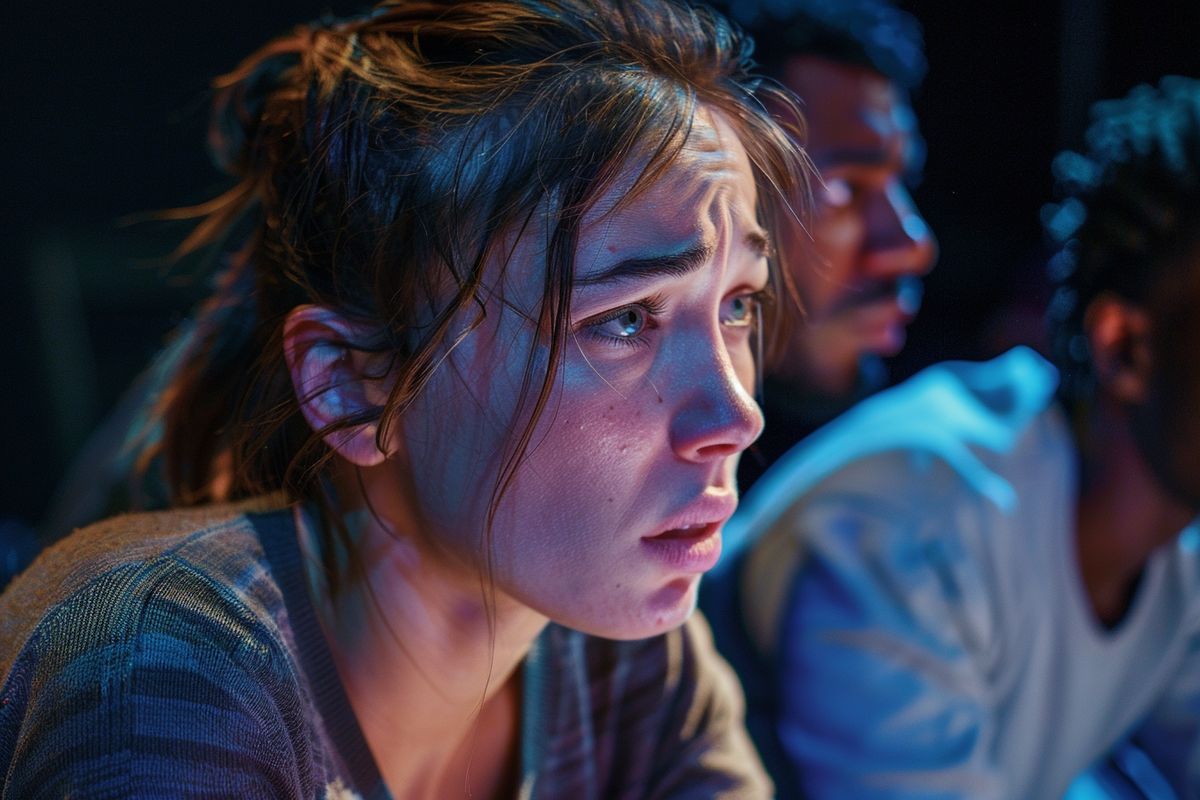 Closeup of actors rehearsing emotional scenes related to climate change.