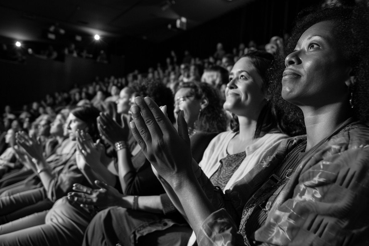 Audience members applauding after a special screening of Jackie Brown in Los Angeles.