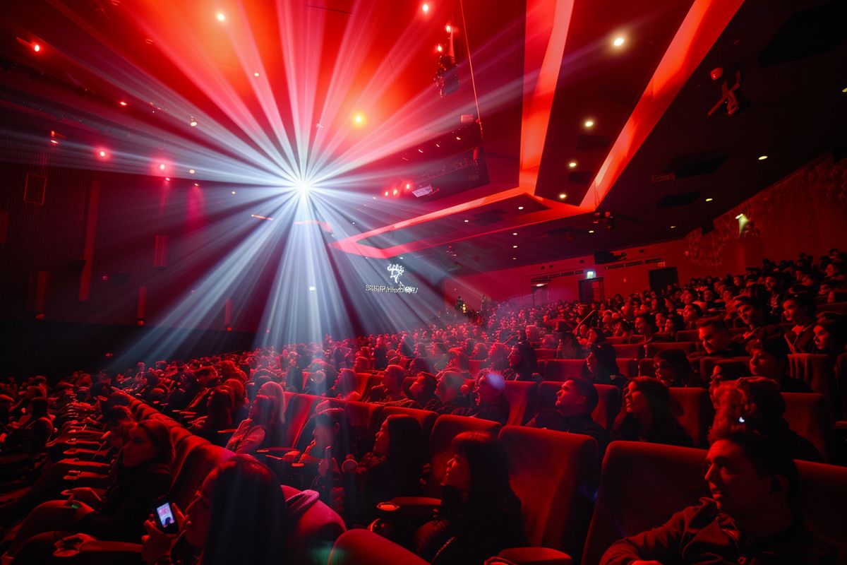 Closeup on a crowded movie theater during the premiere in Hollywood.