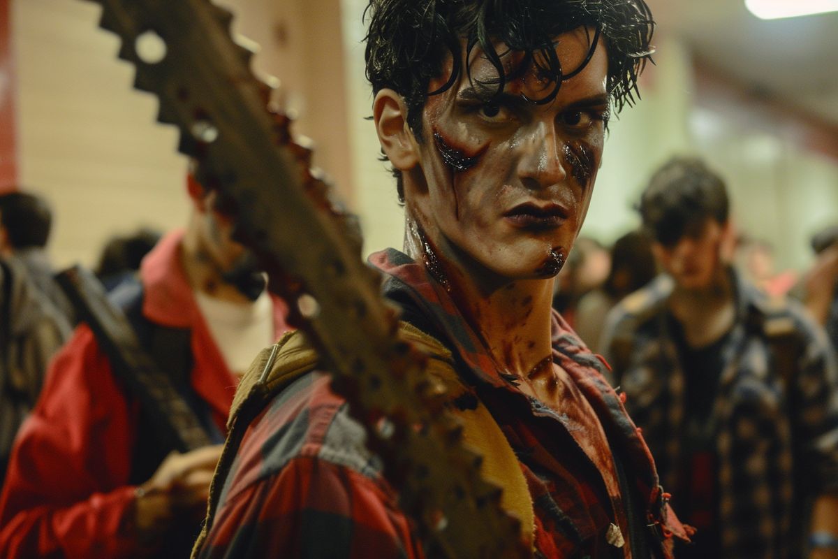 A cosplay event featuring Ash Williams lookalikes at a horror convention.