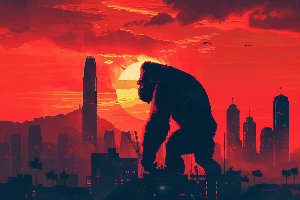Stunning cinematic poster featuring a silhouette of King Kong against a city skyline.