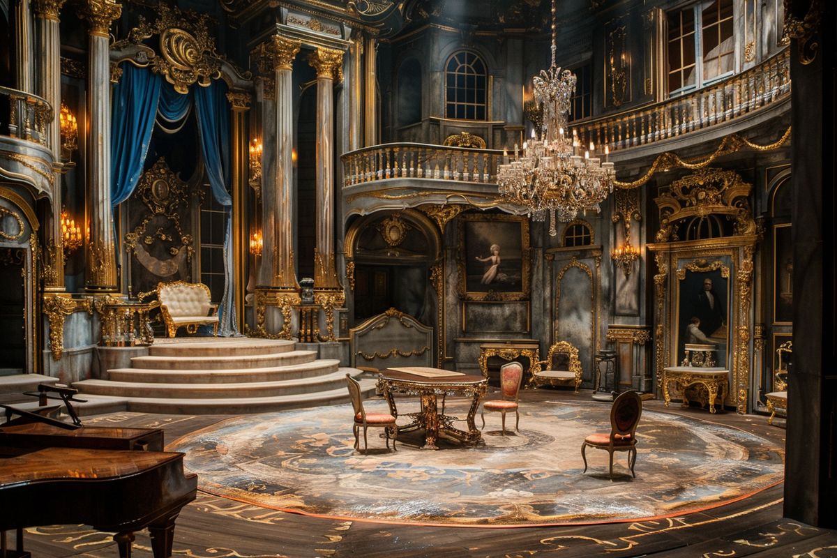 Lavish set design recreating the opulent court of Versailles in detail.