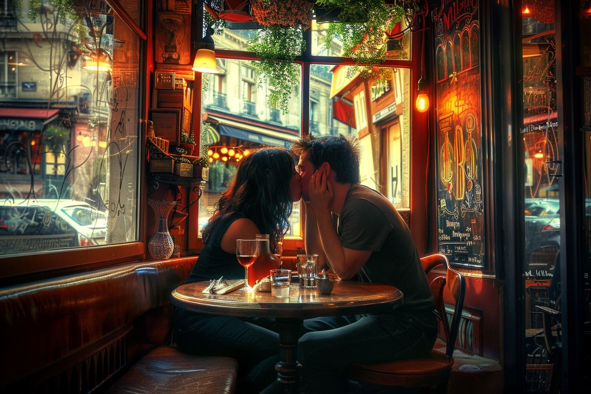 Couple sharing a passionate kiss in a romantic Parisian cafe.