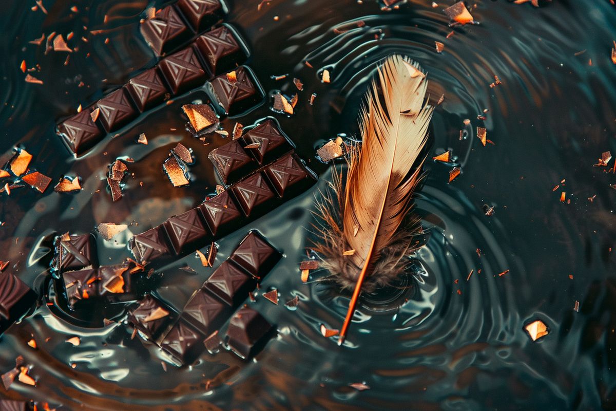 A feather floating in a pool of water next to chocolates.