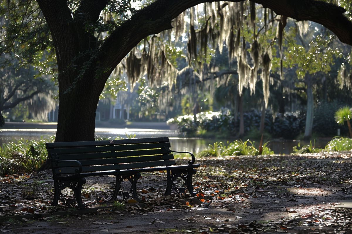 A bench under a tree in Savannah, Georgia, where Forrest sits.
