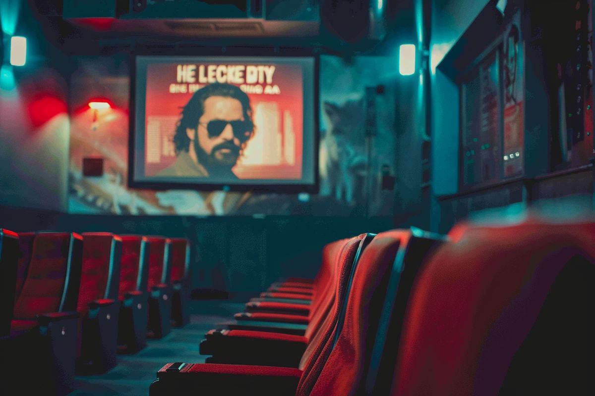 A poster of The Big Lebowski hanging in a movie theater.
