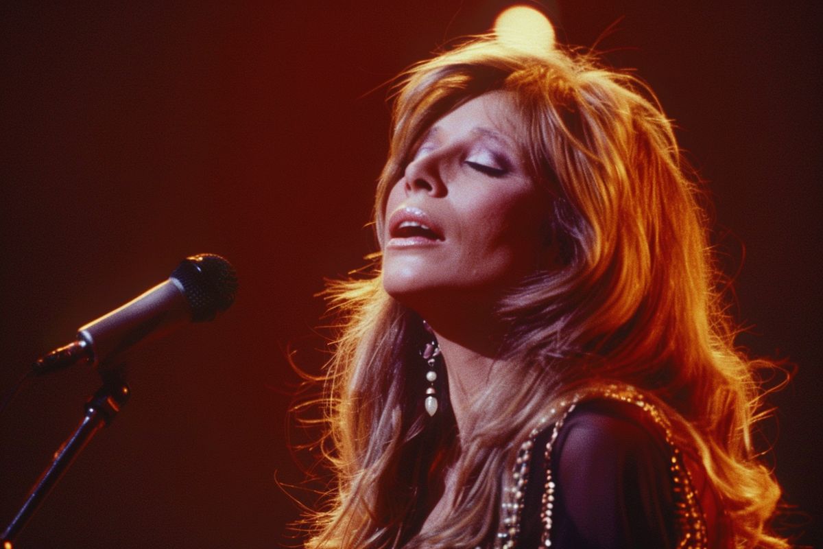 A closeup of Barbra Streisand's passionate expression while singing a powerful song.