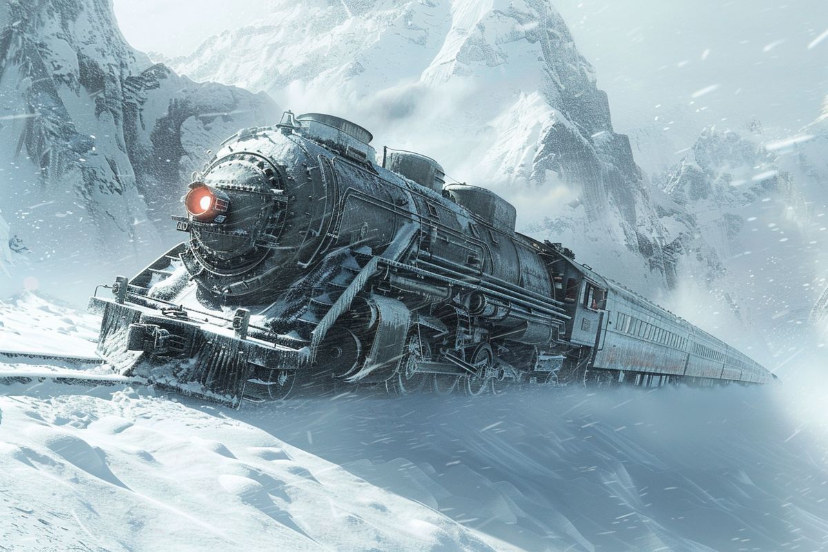 A futuristic train speeding through a snowy landscape in Snowpiercer.