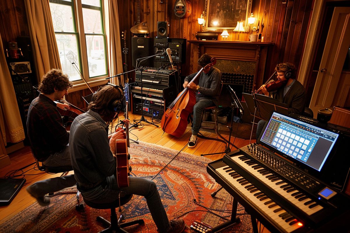 Music studio with musicians recording a new version of 