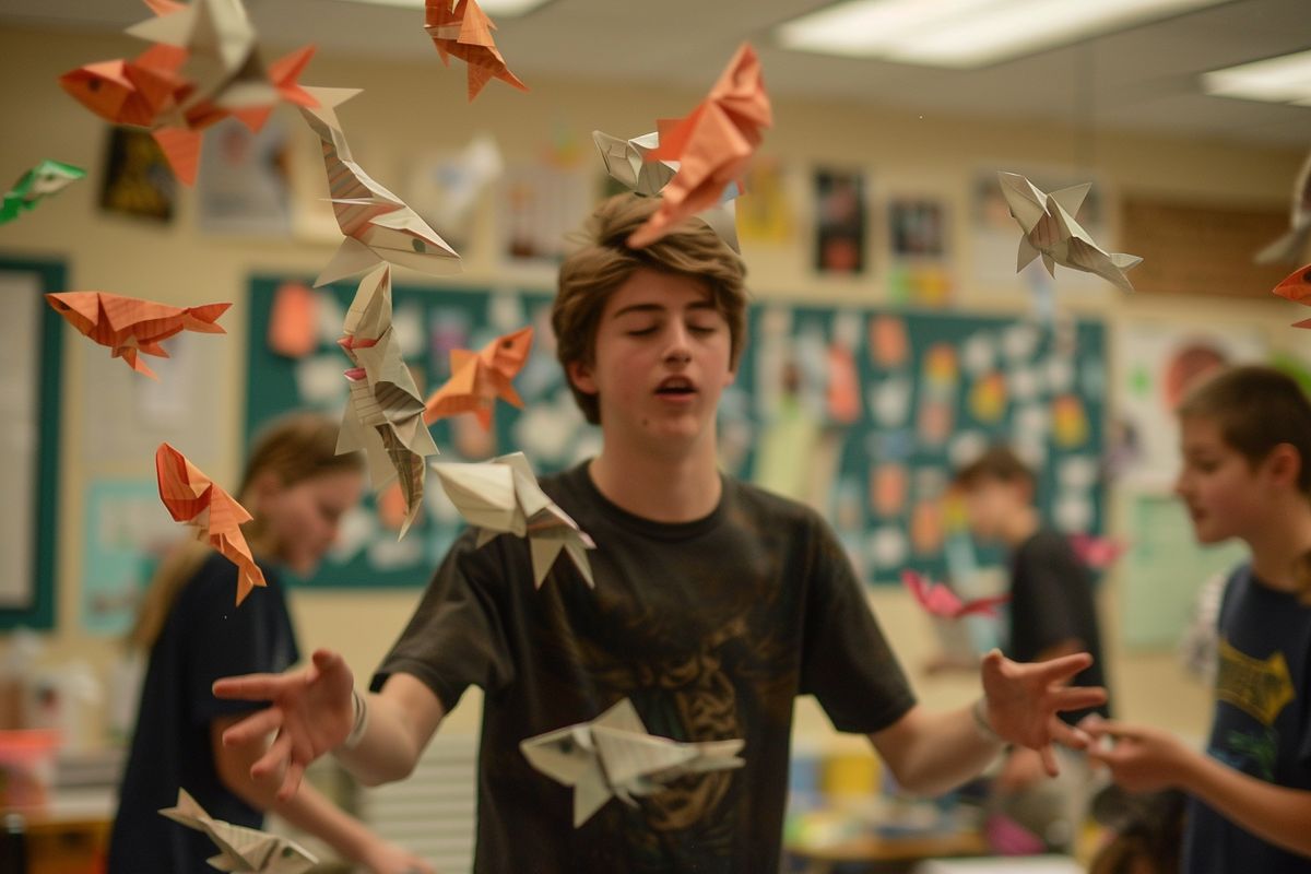 Ben causing chaos at school with a paper fish prank on classmates.