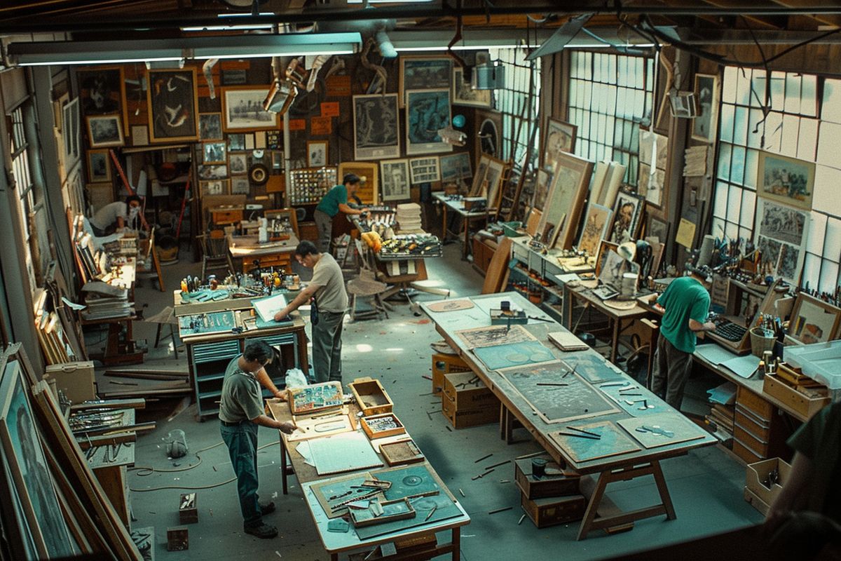 Animation studio bustling with artists working on Cinderella and Peter Pan.
