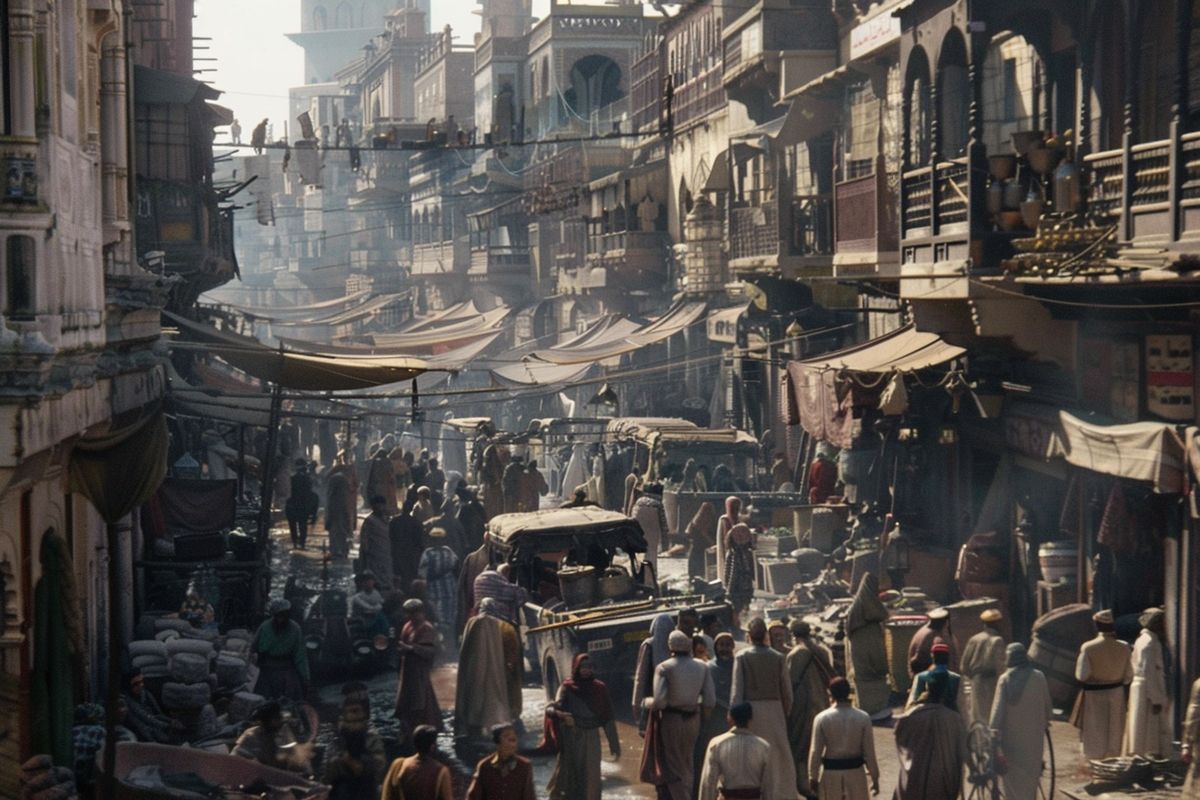 Wide shot of a crowded city street in the early h century, reflecting poverty and injustice.