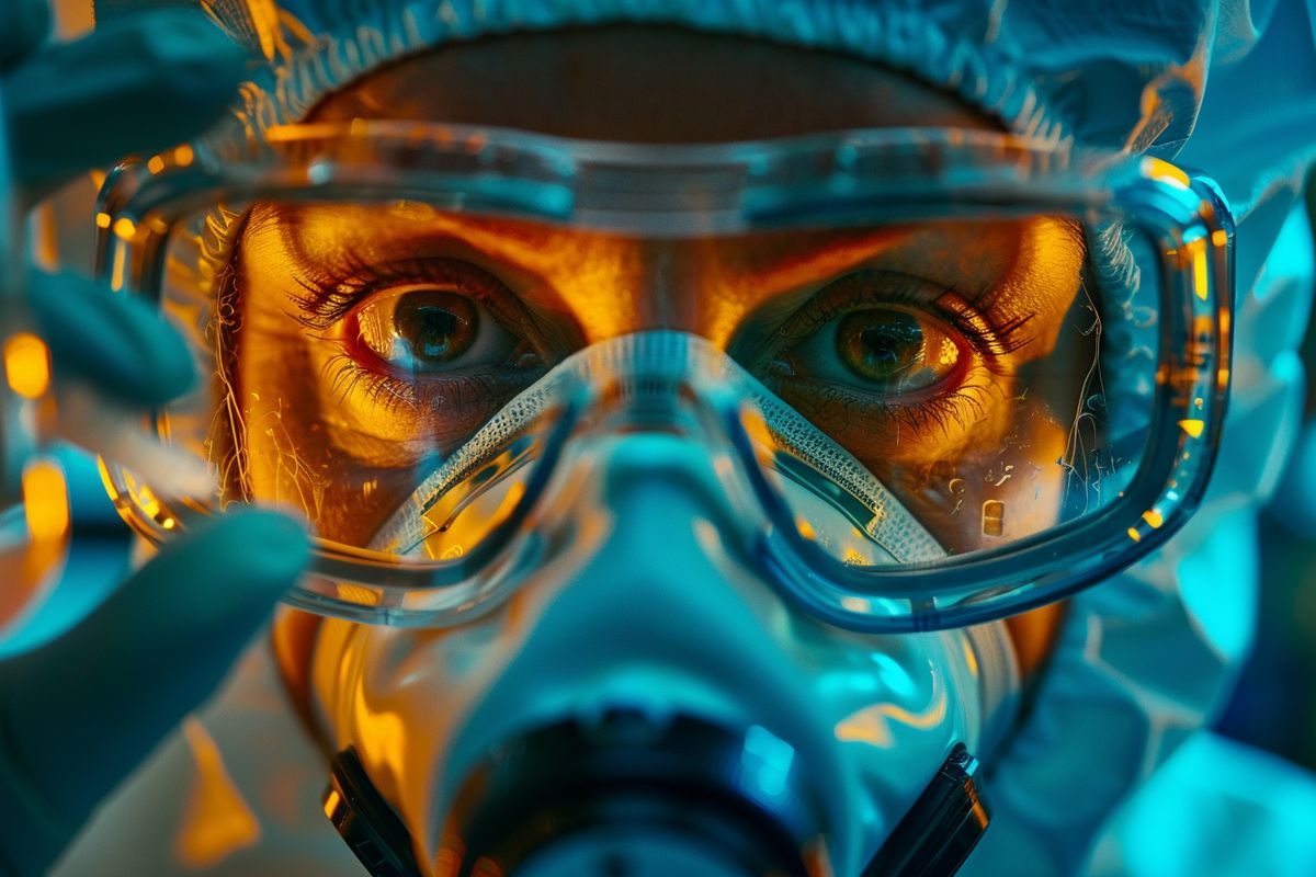 Closeup of a scientist examining uranium in a laboratory.